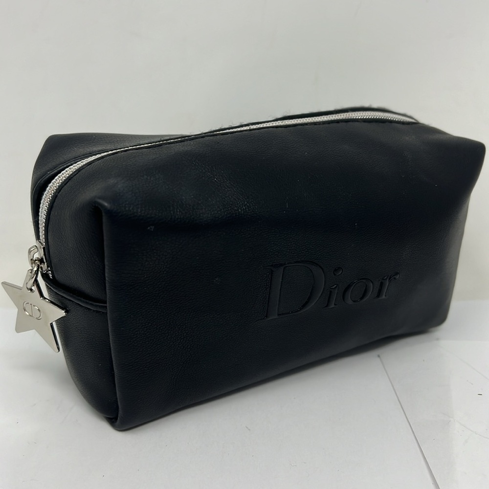 Dior Christian Dior Vegan Black Leather Zip Cosmetic Clutch Pouch